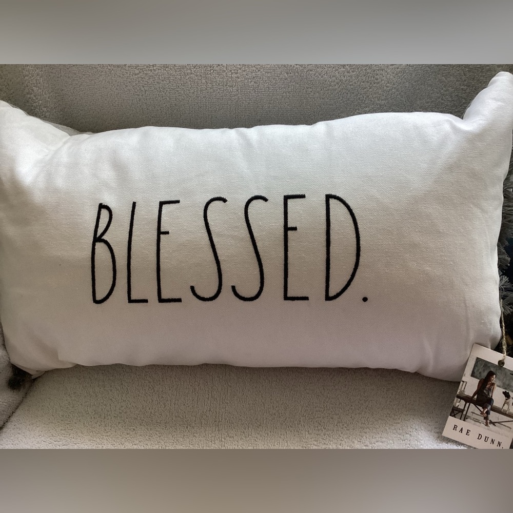 Rae Dunn Blessed White Chambray Grey Fringe Pillow 14x24 NWT